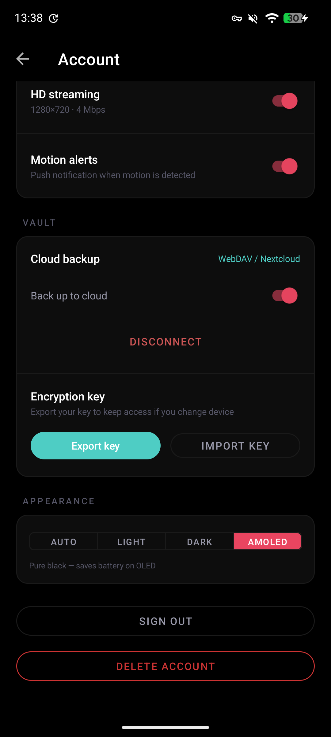 Account screen continued: Cloud backup connected to WebDAV / Nextcloud with toggle on; Encryption key section with Export key and Import key buttons for self-custody; Appearance picker showing AUTO, LIGHT, DARK, AMOLED options with AMOLED selected; Sign out and Delete account buttons.