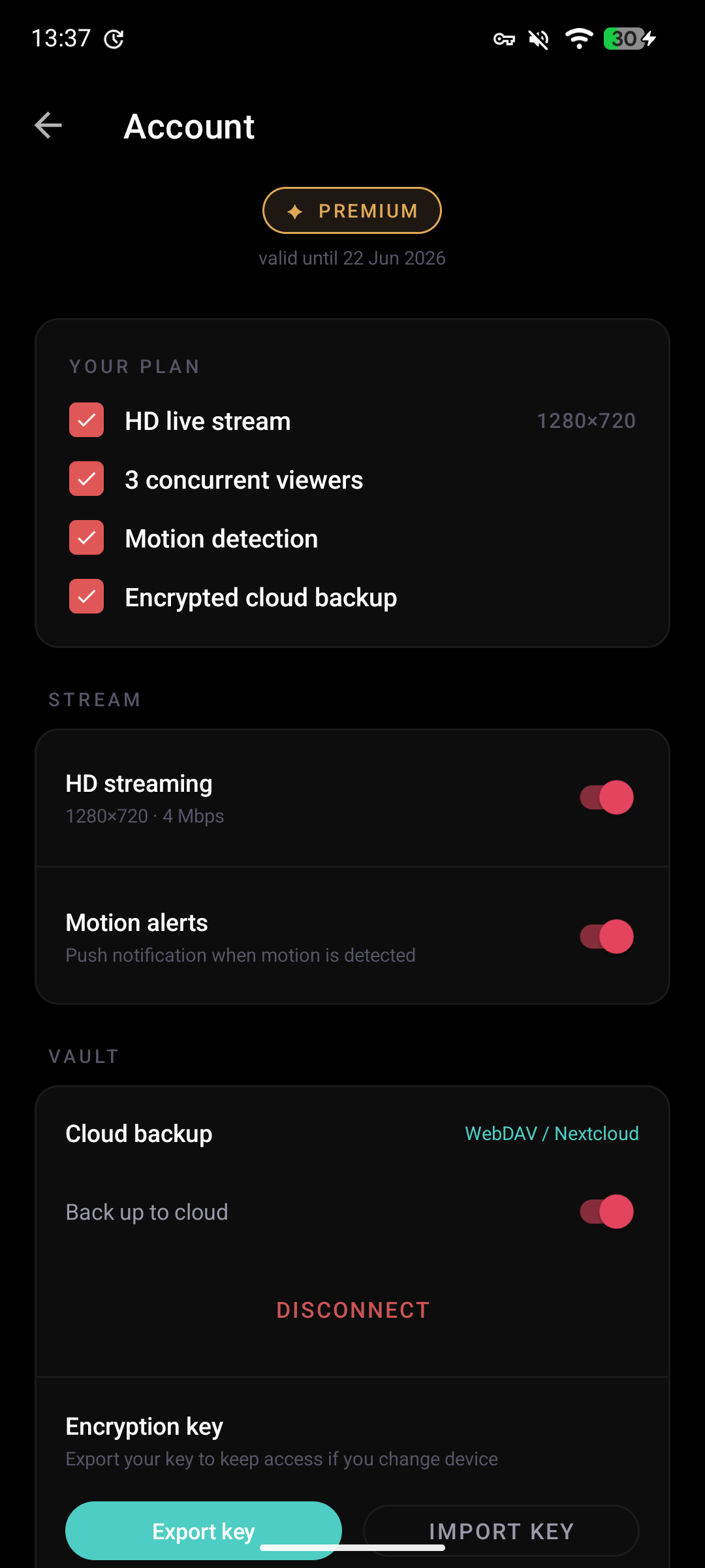 Account screen: PREMIUM badge valid until 22 Jun 2026, YOUR PLAN checklist with HD live stream 1280x720, 3 concurrent viewers, Motion detection, and Encrypted cloud backup all checked. HD streaming and Motion alerts toggles enabled.