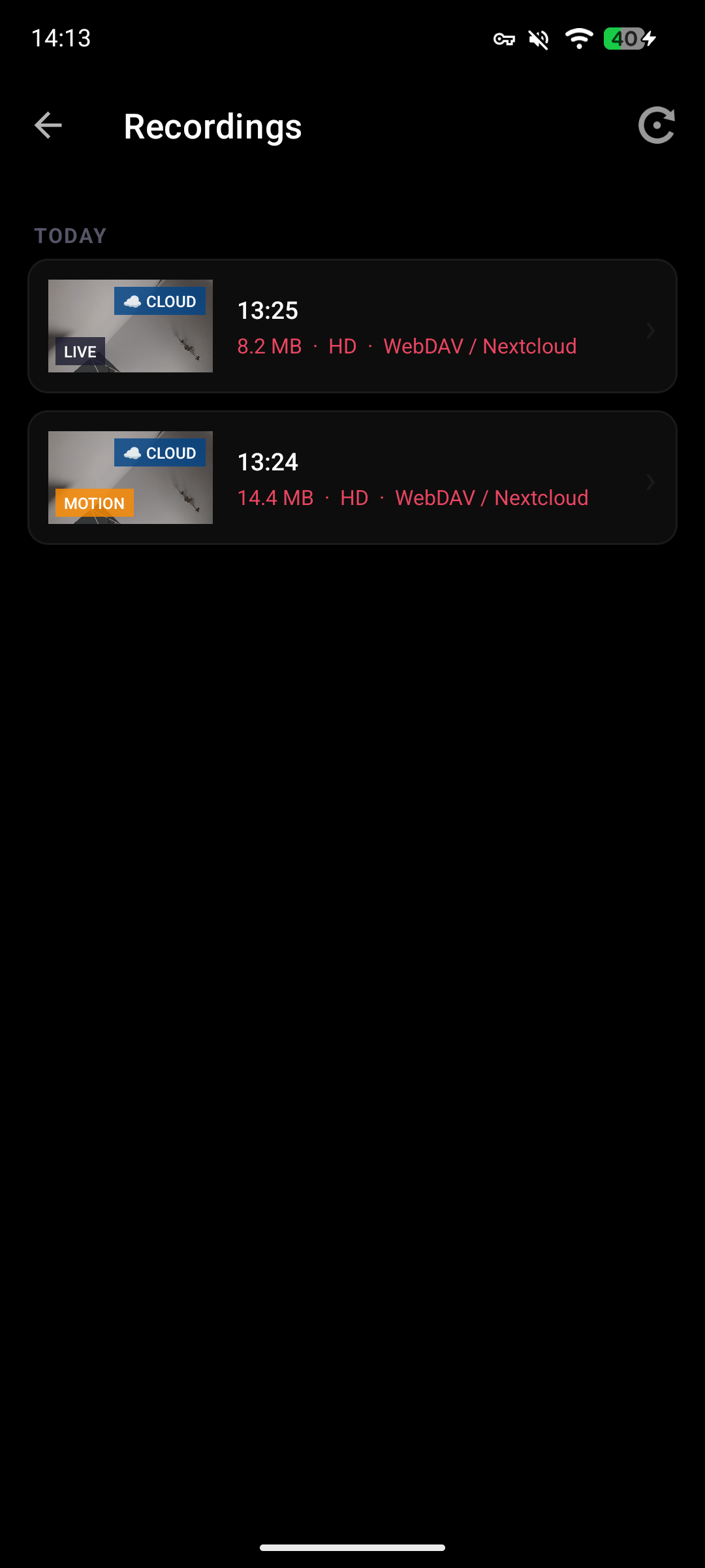 Recordings list grouped under TODAY: two cards each showing a blurred preview thumbnail, CLOUD badge, LIVE or MOTION tag, HD quality, file size in MB, and timestamp. Provider shown as WebDAV / Nextcloud.